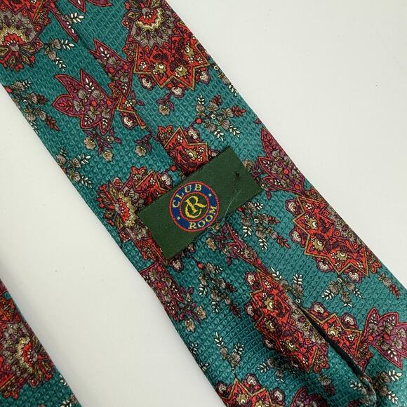 Vtg Club Room Italy Silk Tie Handmade Teal Red Paisley Floral Print Mens Necktie - Picture 4 of 7